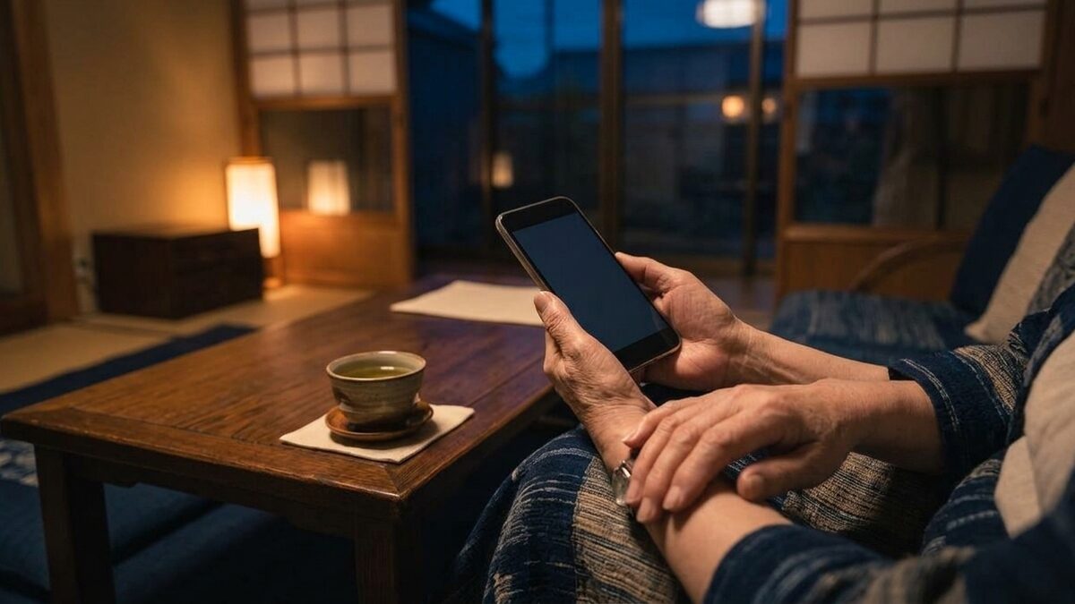 スマートフォンで口コミを調べる手元