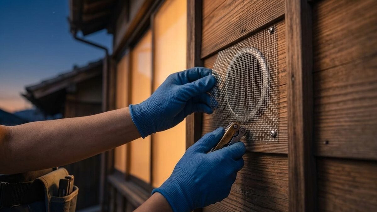 換気口に金網を取り付ける作業