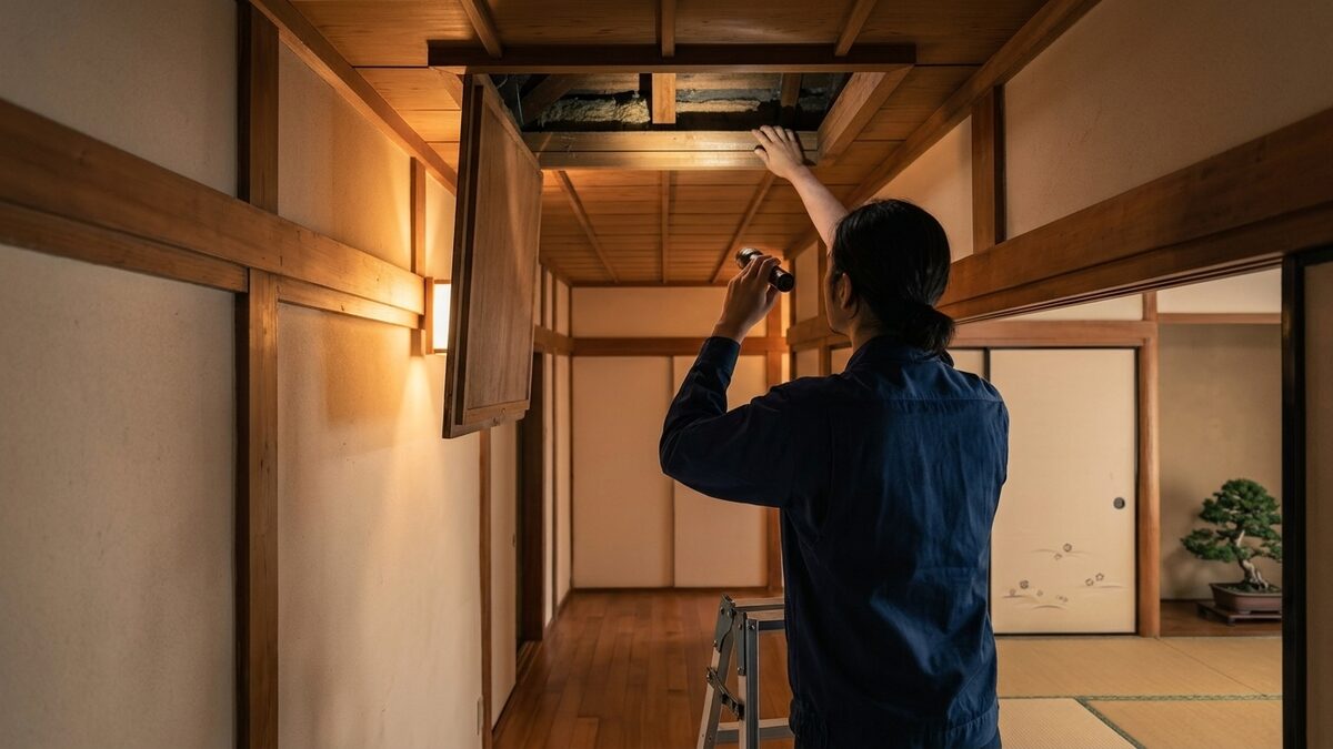 点検口から屋根裏を確かめる様子
