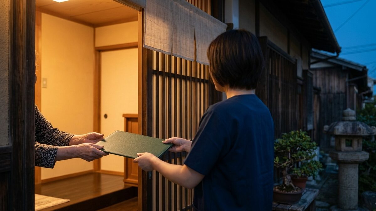 玄関先で書類を受け取る手元