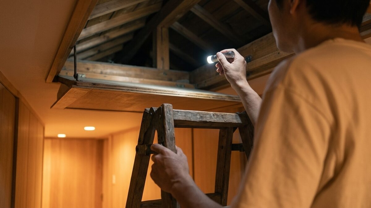 点検口から屋根裏を確かめる様子