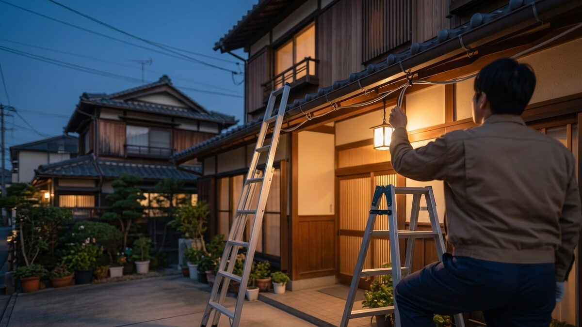 はしごで軒を点検する様子