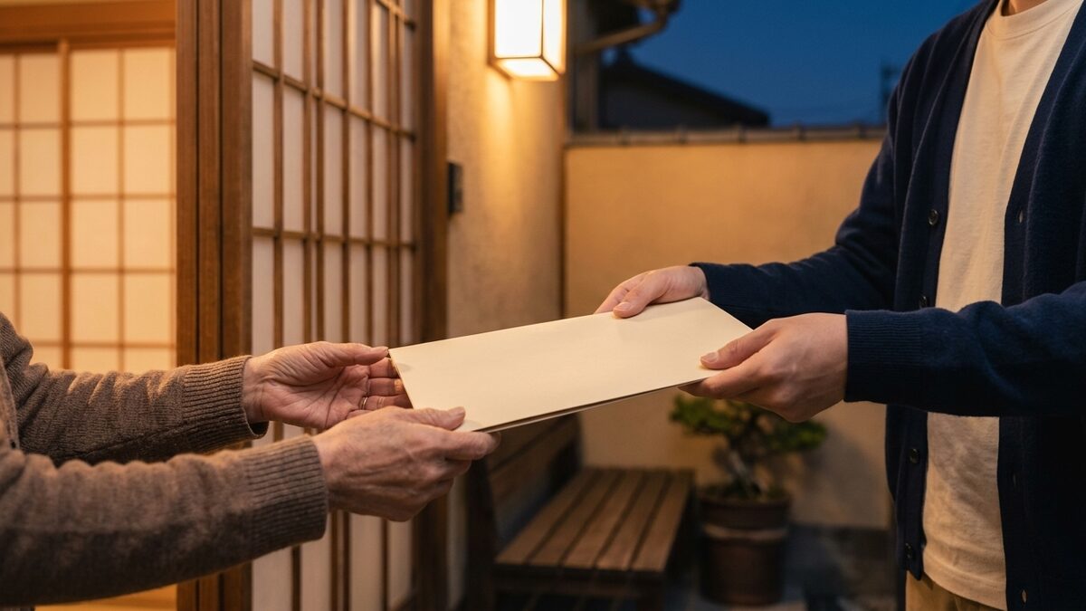 玄関先で書類を受け取る手元