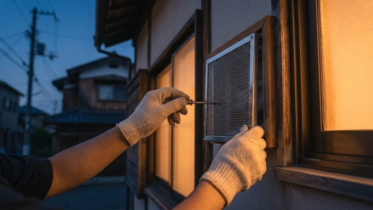 換気口に金網を取り付ける作業