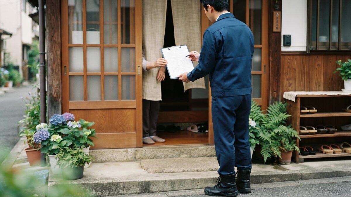 玄関先で書類を見せながら説明するスタッフ