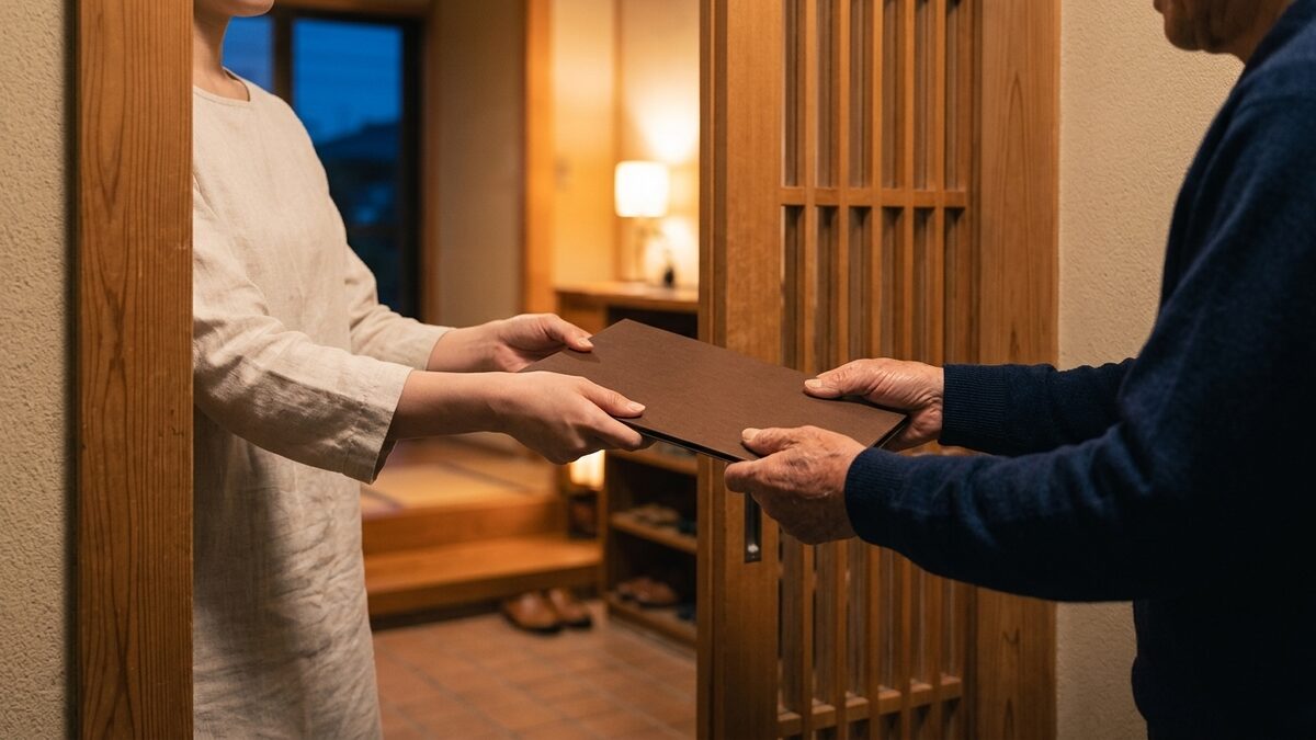 玄関先で書類を受け取る手元