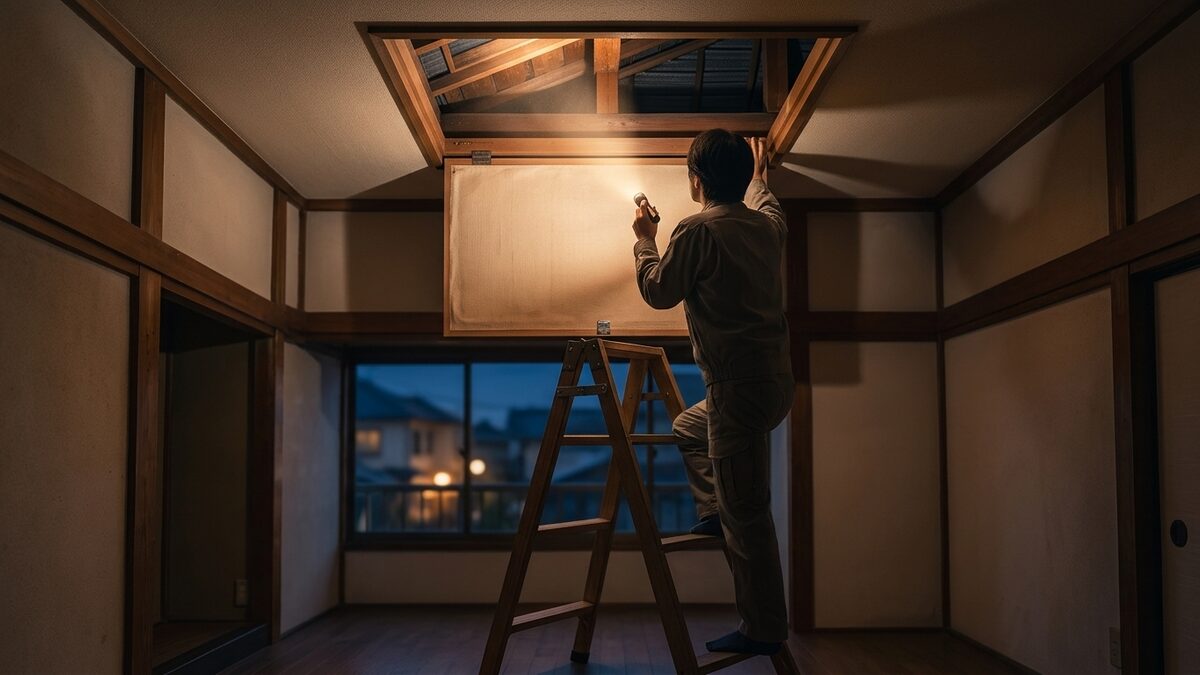 点検口から屋根裏を確かめる様子