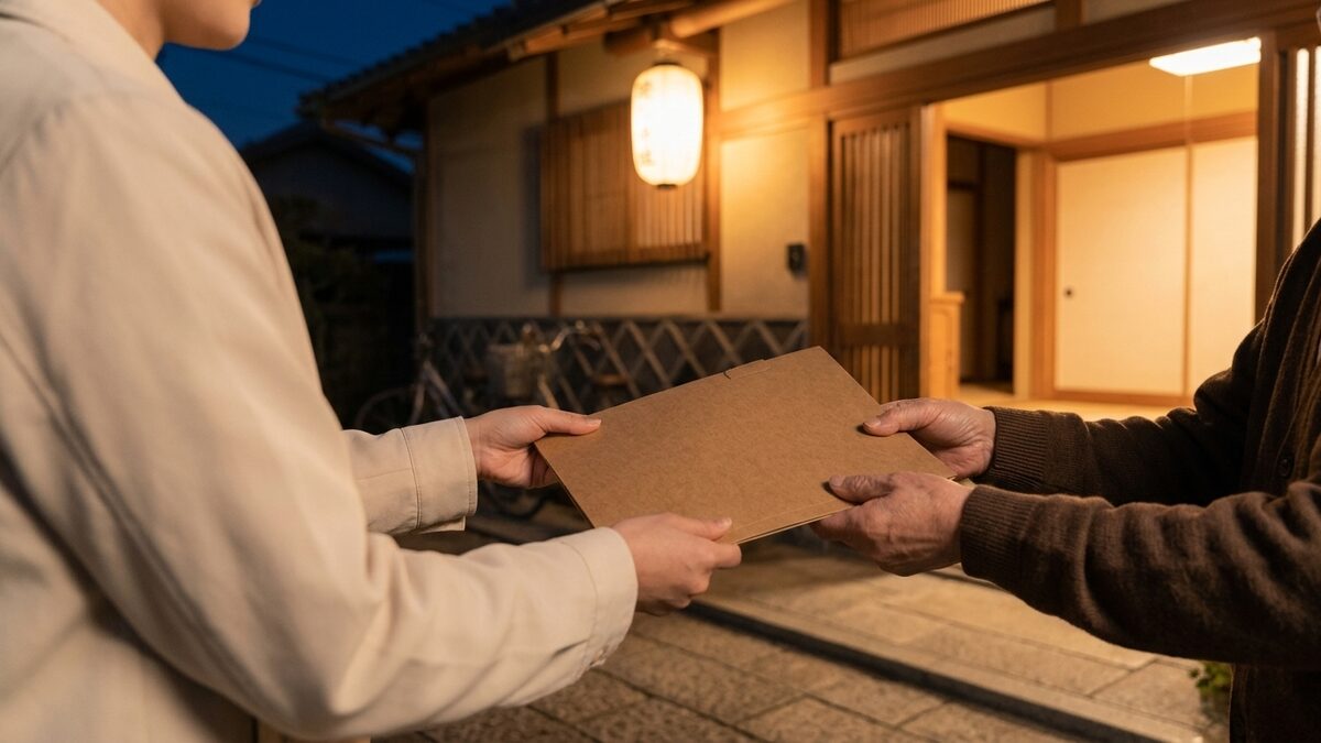 玄関先で書類を受け取る手元