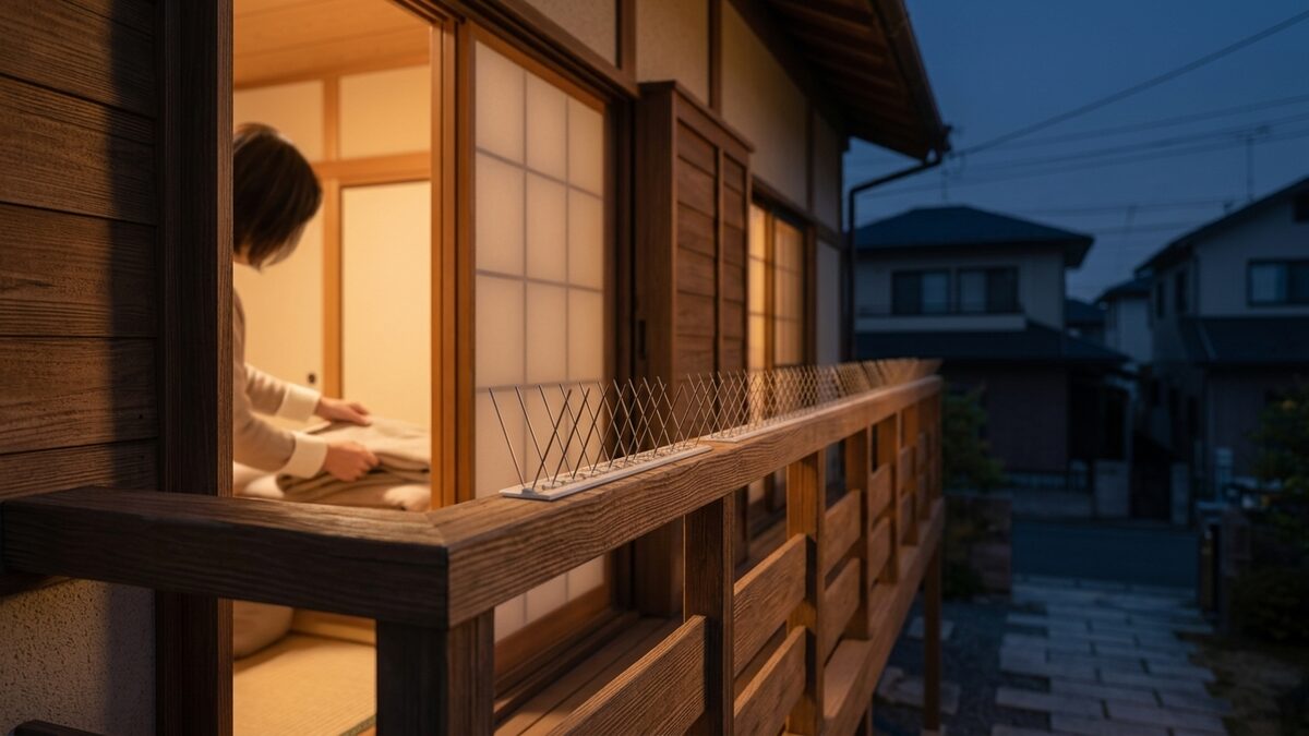 手すりに付けた鳥よけ