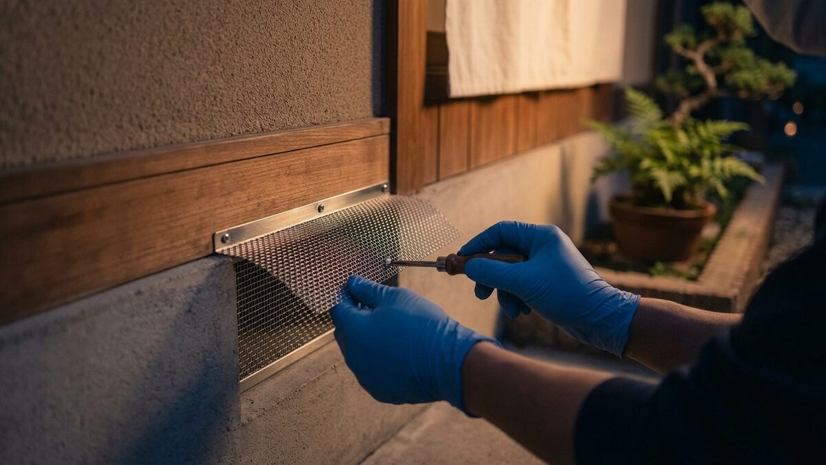 床下の換気口に金網を付ける作業