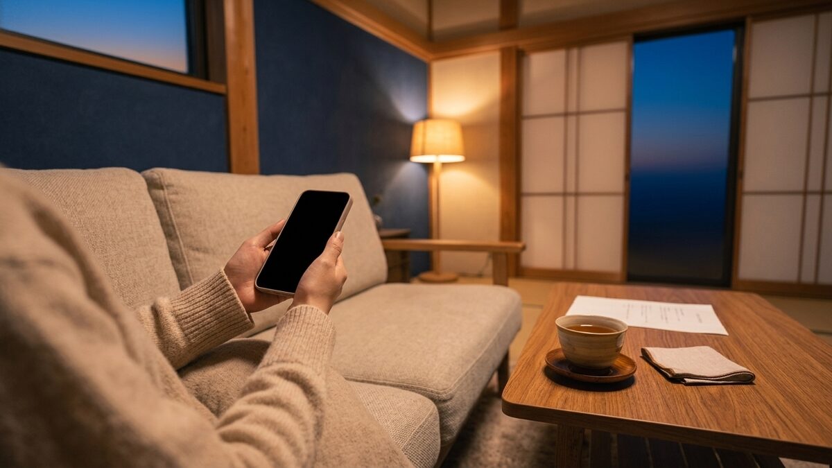 スマートフォンで口コミを調べる手元