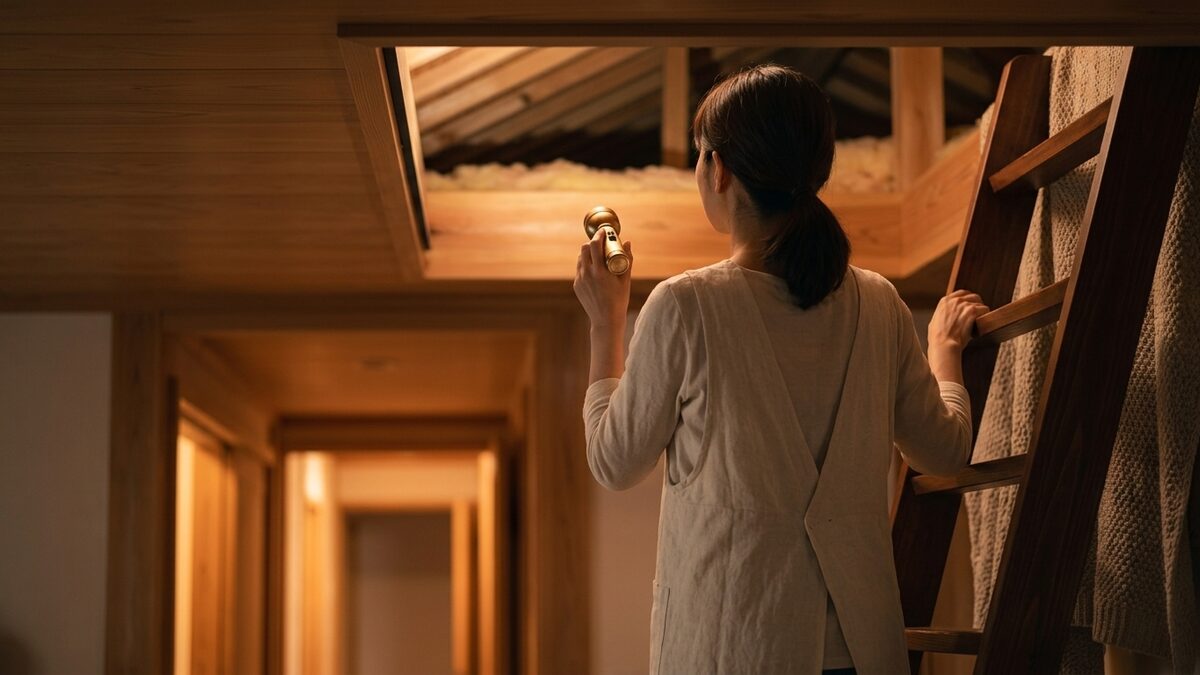 現地調査で屋根裏を確認する様子