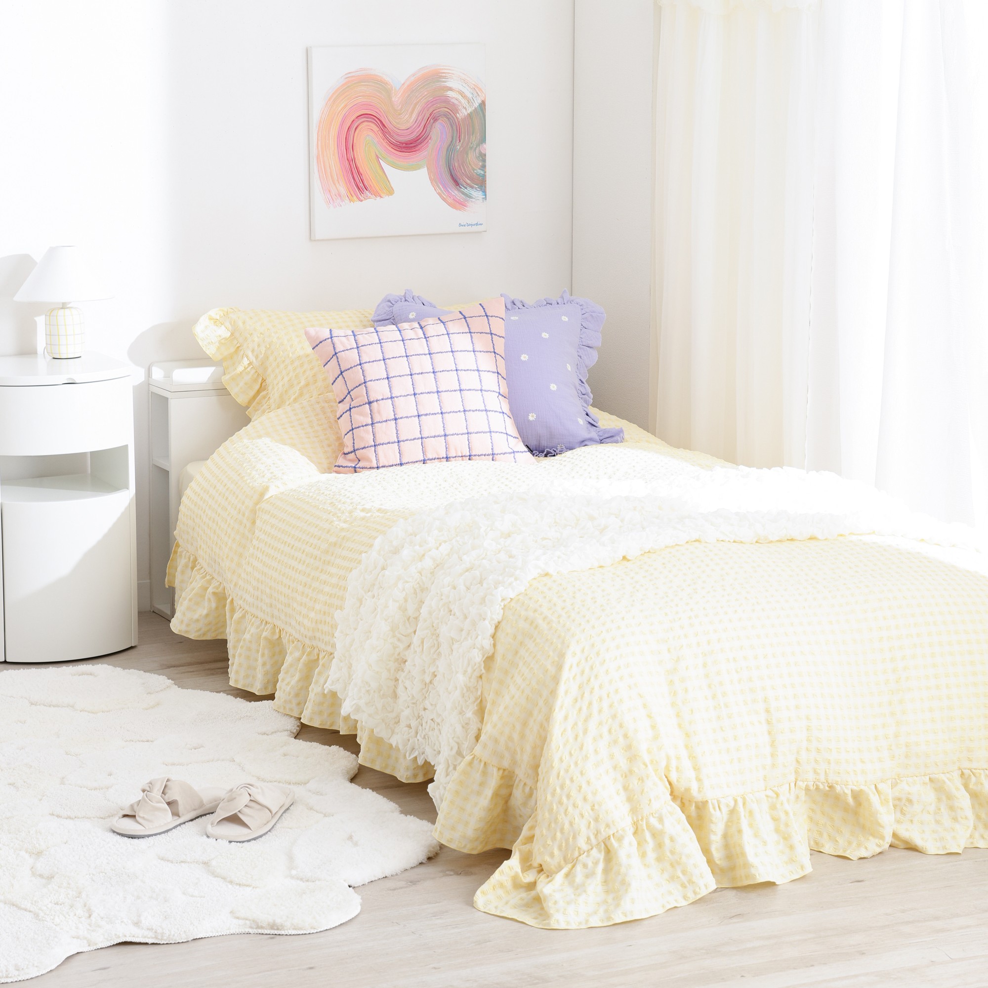 フリルチェック 寝具カバーセット アイボリー×イエロー