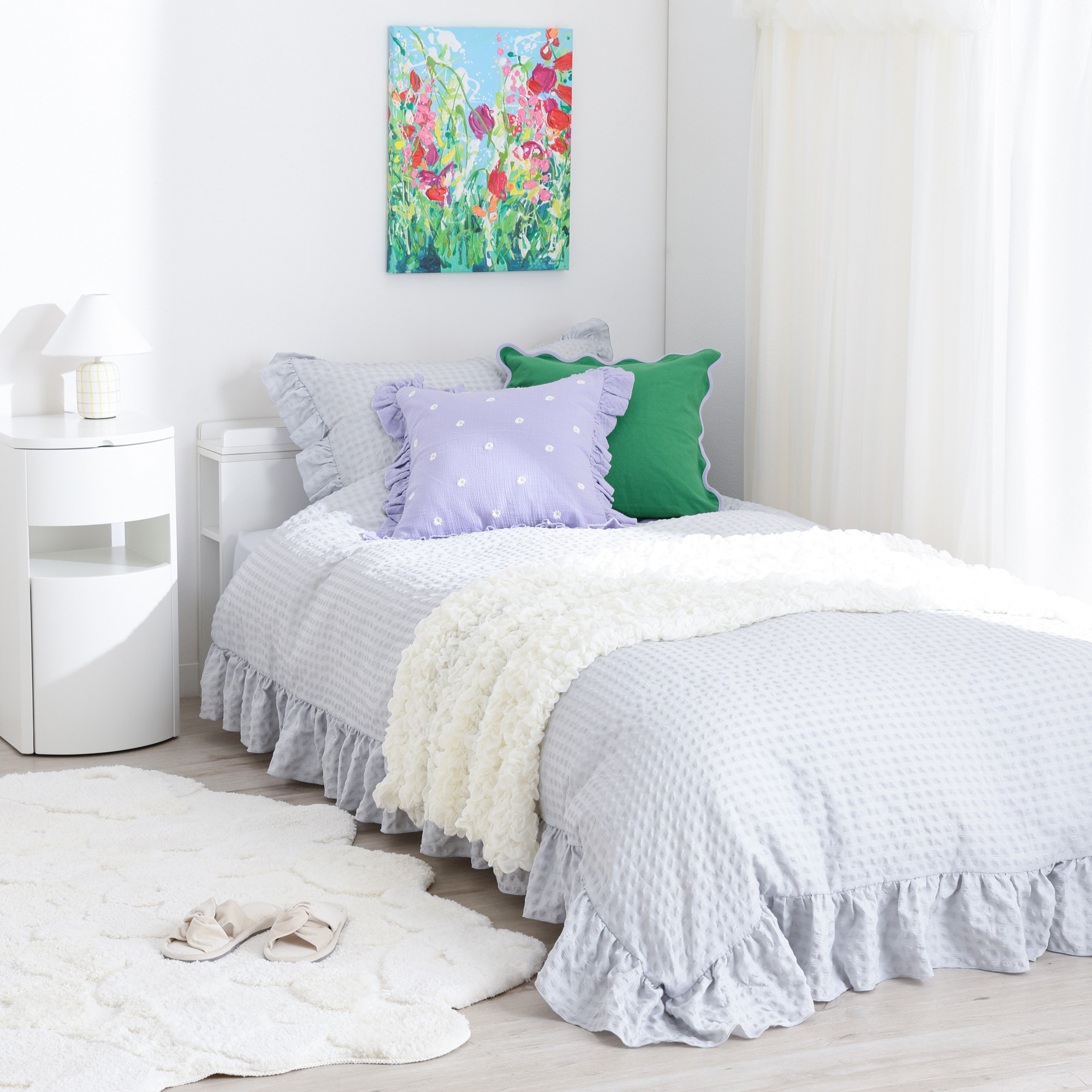 フリルチェック 寝具カバーセット グレー