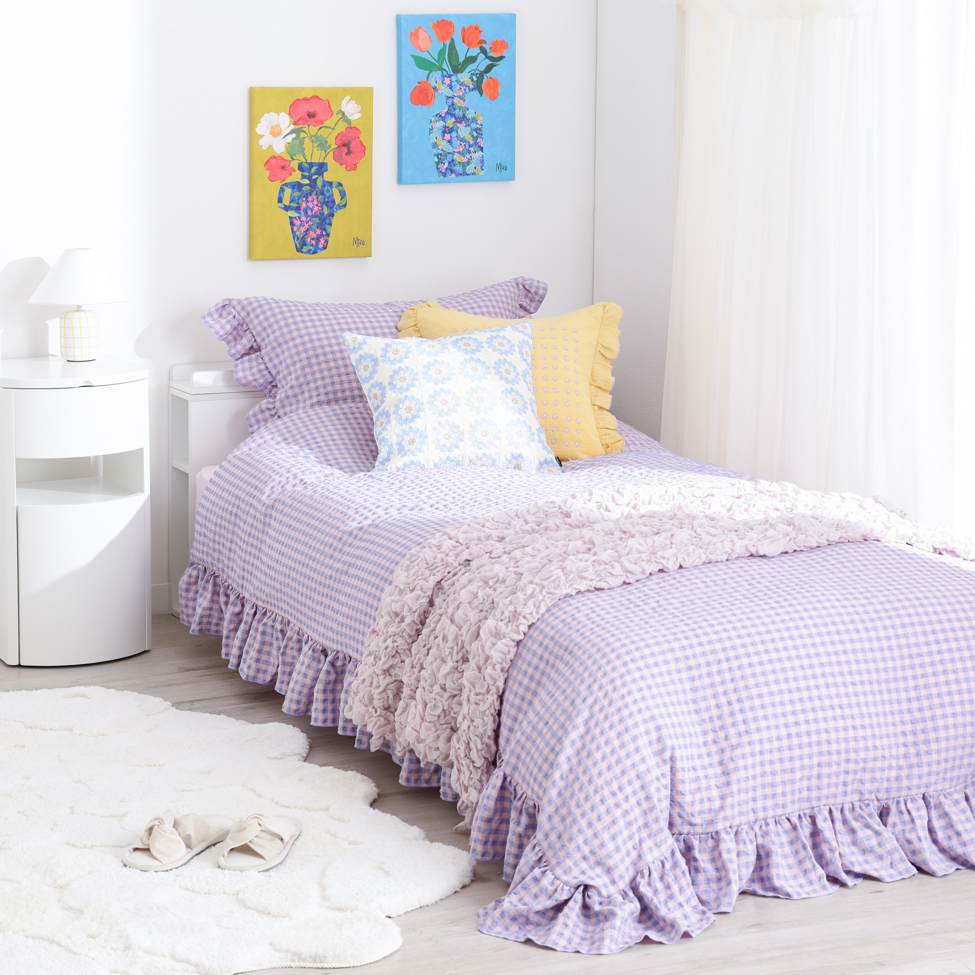 フリルチェック 寝具カバーセット ピンク×パープル