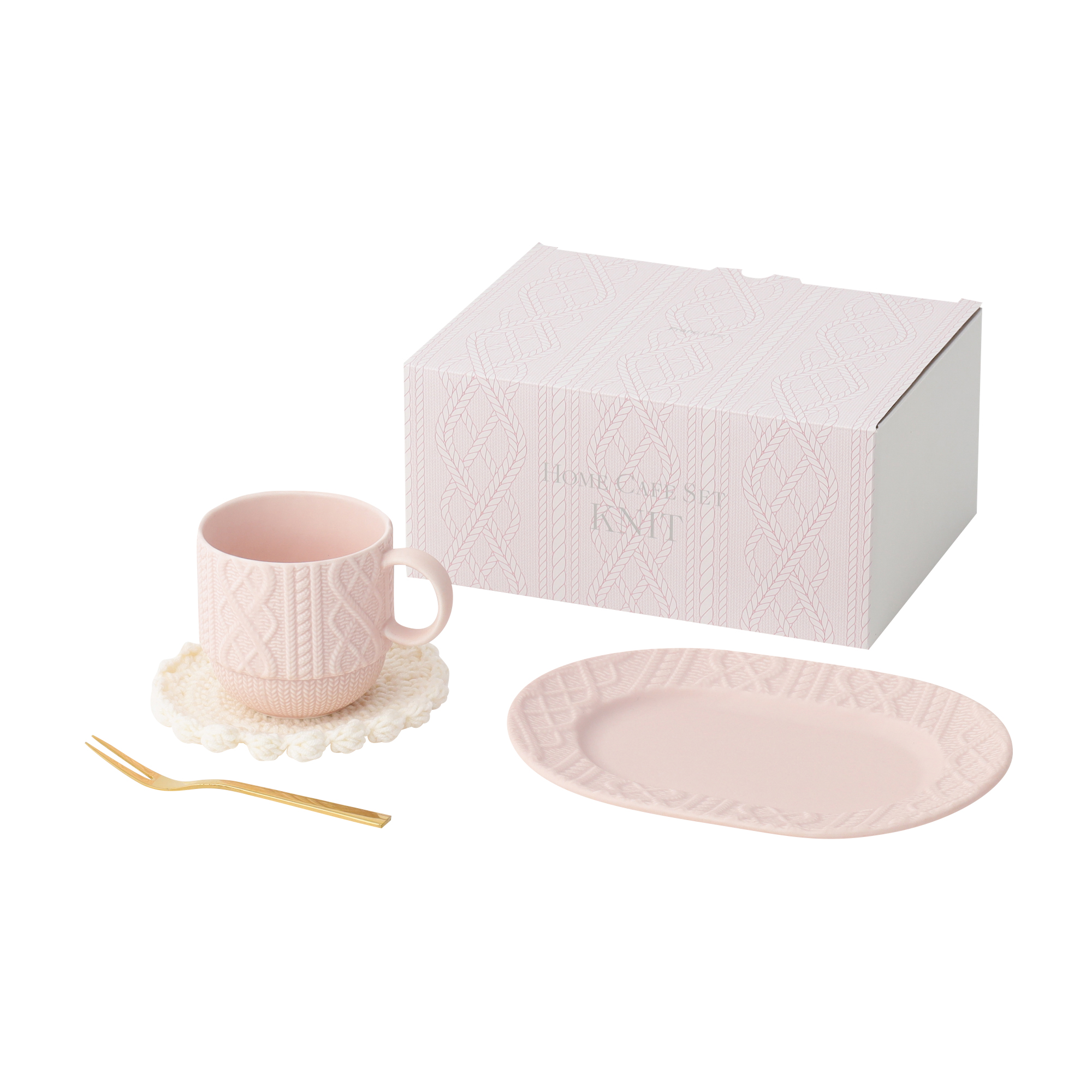ホームカフェセット ニット（ピンク/ホワイト/ライトブルー）　各2,980円