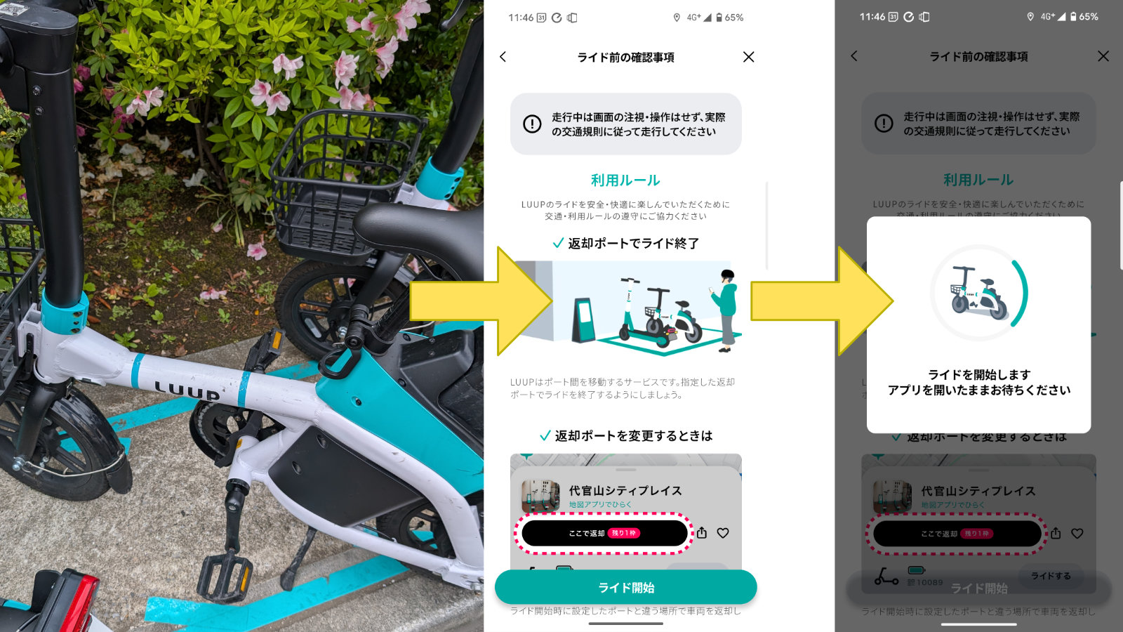 QRを読み込み→返却ポートの指定→ライド開始(ロックも自動解除)の3ステップです