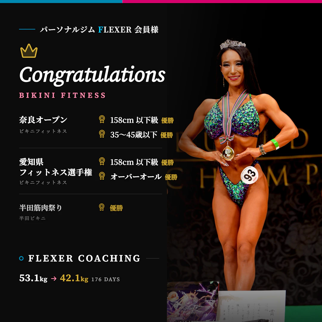 奈良オープン158cm以下優勝/35-45歳以下優勝　愛知県フィットネス選手権158cm以下優勝、オーバーオール優勝