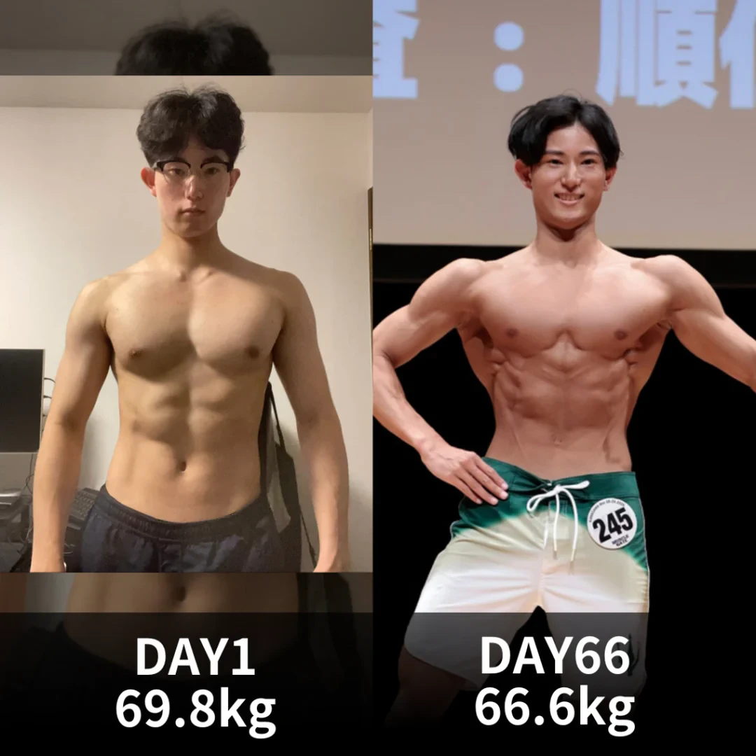 食事指導による減量ビフォーアフター 66日で69.8kgから66.6kgへ