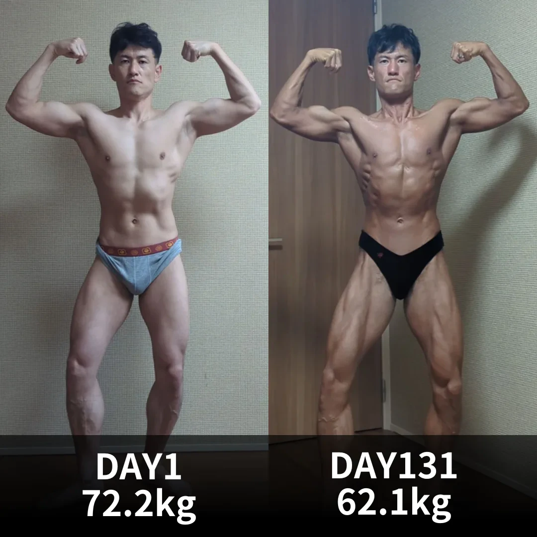 食事指導による減量ビフォーアフター 131日で72.2kgから62.1kgへ