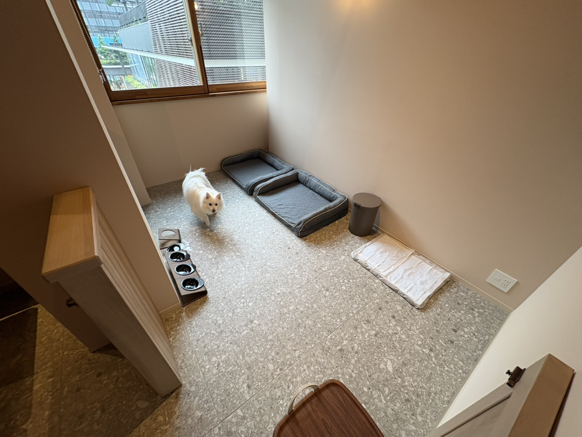 客室内のペット専用スペースと愛犬のメル