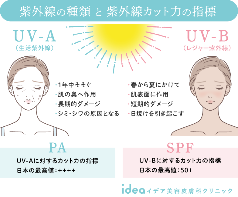 紫外線の種類（UV-AとUV-B）と紫外線カット力の指標（PAとSPF）