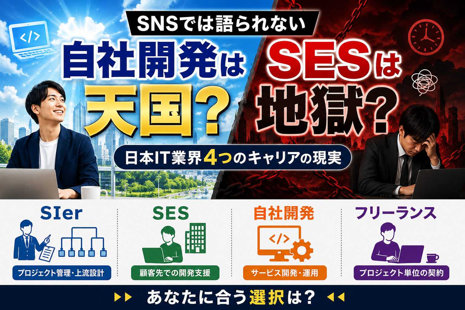 自社開発は天国、SESは地獄？SNSでは語られない、日本IT業界4つのキャリアの現実 SIer・SES・自社開発・フリーランスエンジニア、何が違うのか？