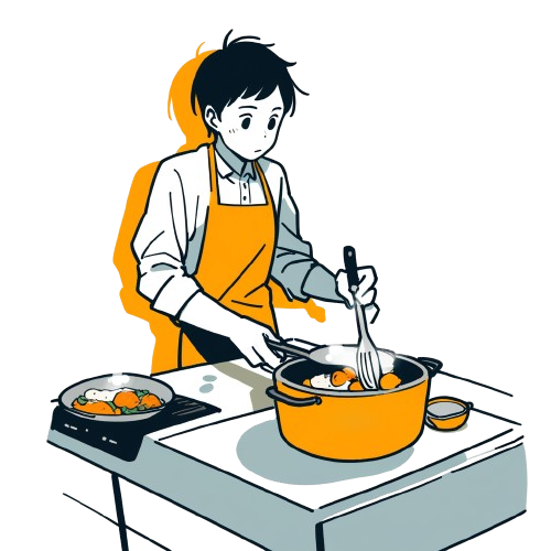キッチンで鍋を使って料理する人