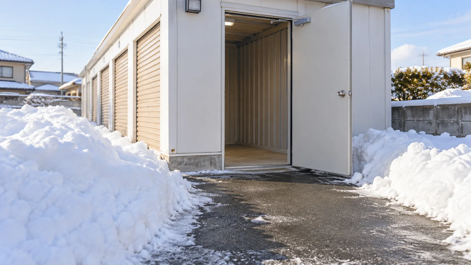 雪がある季節の収納施設への進入路と扉の前