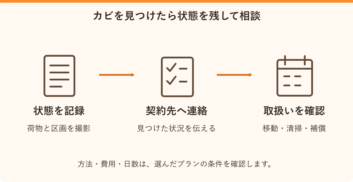 カビを見つけたら状態を残して相談。状態を記録:荷物と区画を撮影、契約先へ連絡:見つけた状況を伝える、取扱いを確認:移動・清掃・補償