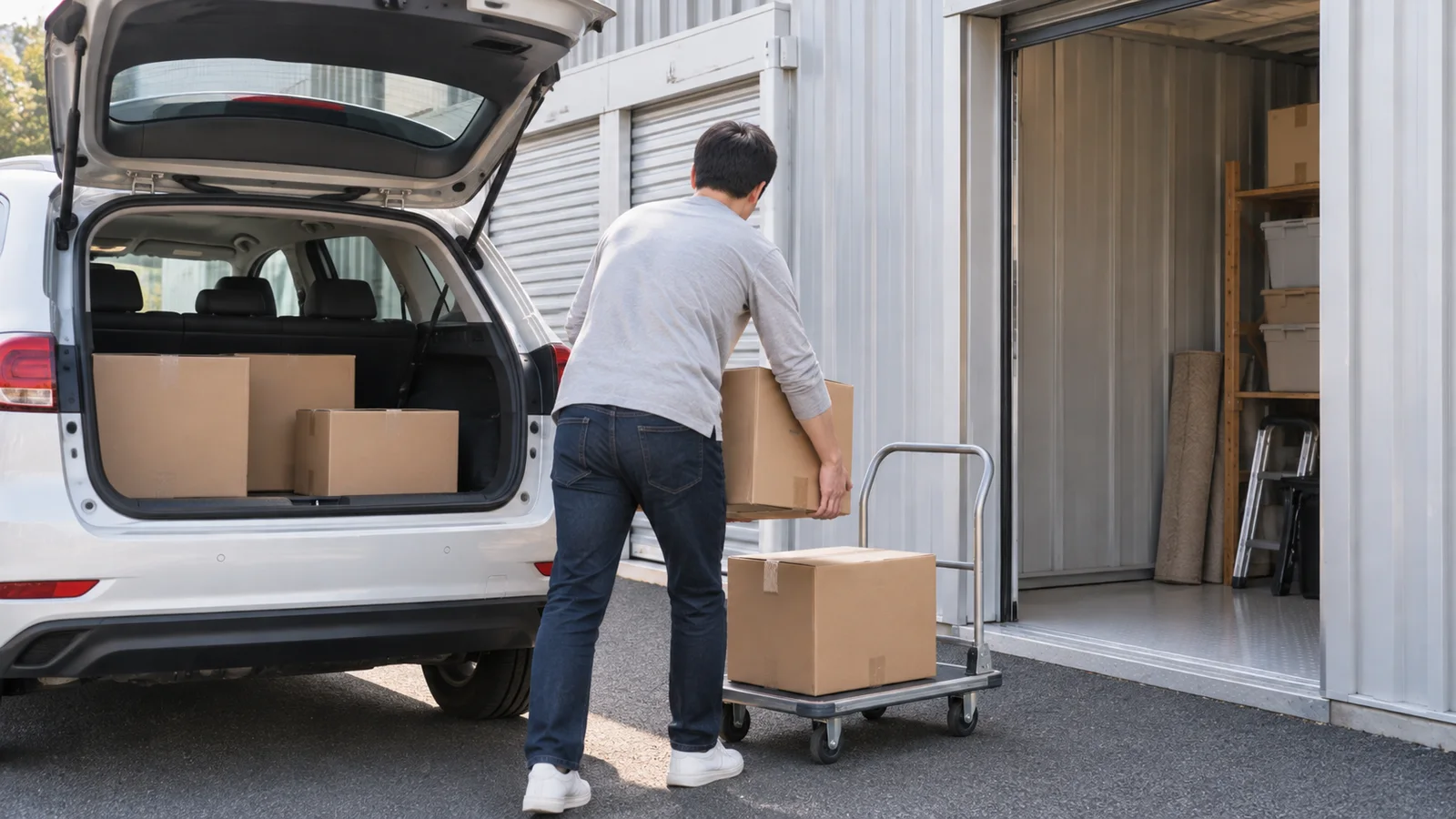 車から荷物を台車へ下ろす場面
