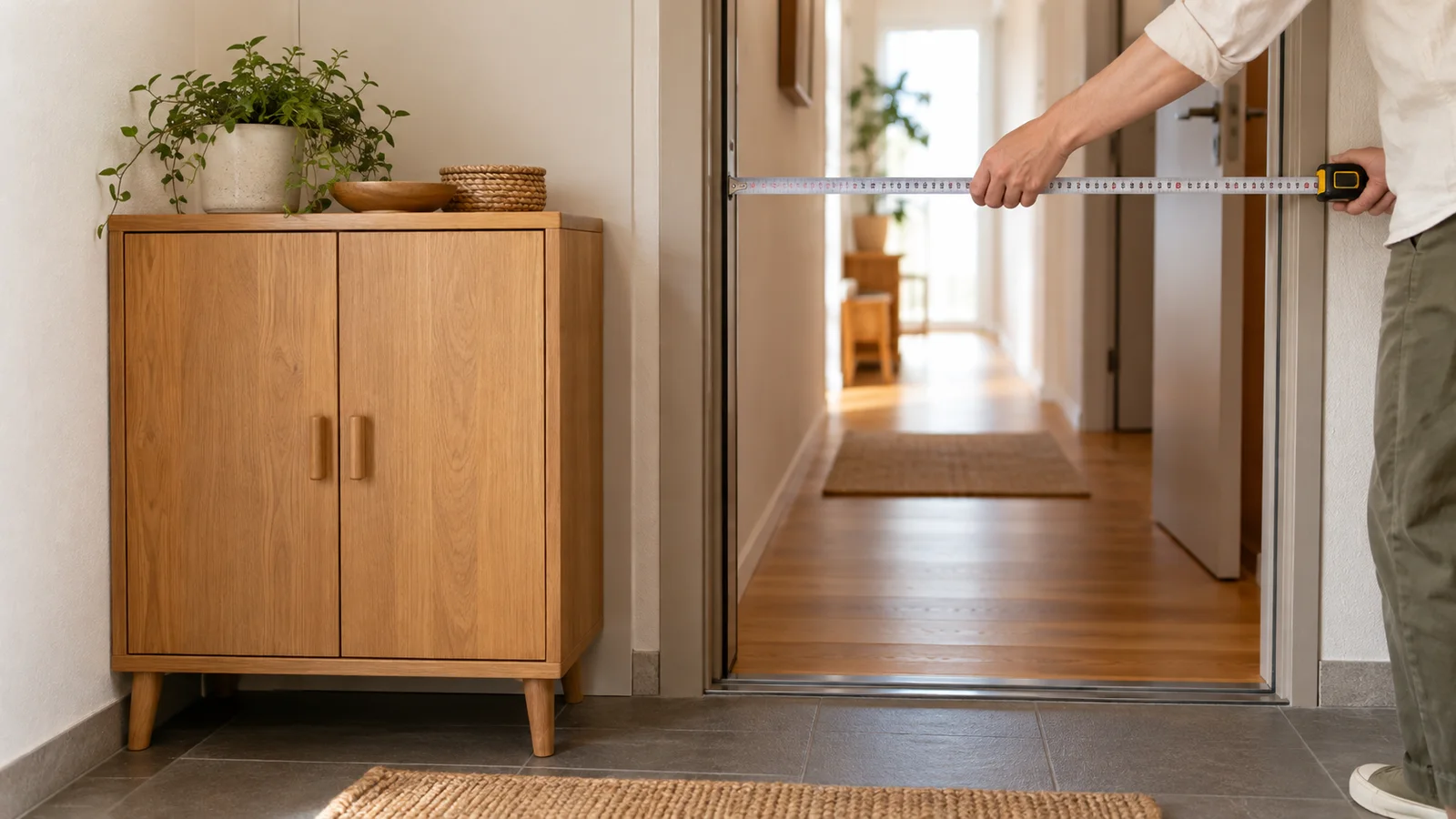 家具を運ぶ前に出入口の開口を測る手元