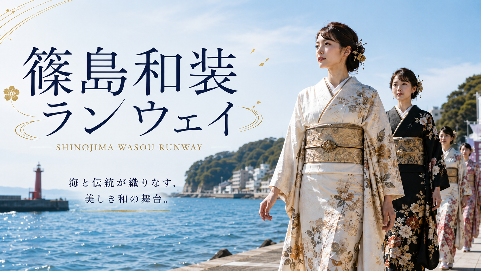 愛知県・篠島の海を背景に和装モデルが並ぶ「篠島和装ランウェイ2026」メインビジュアル
