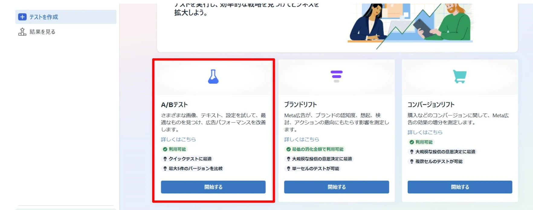 以下の方法でテストページへ移ります。
広告マネージャーを開く
↓
すべてのツールを選択
↓
テストを選択
↓
左側のツールバーの「テストを作る」を選択
↓
A/Bテスト項目の「開始する」を選択
