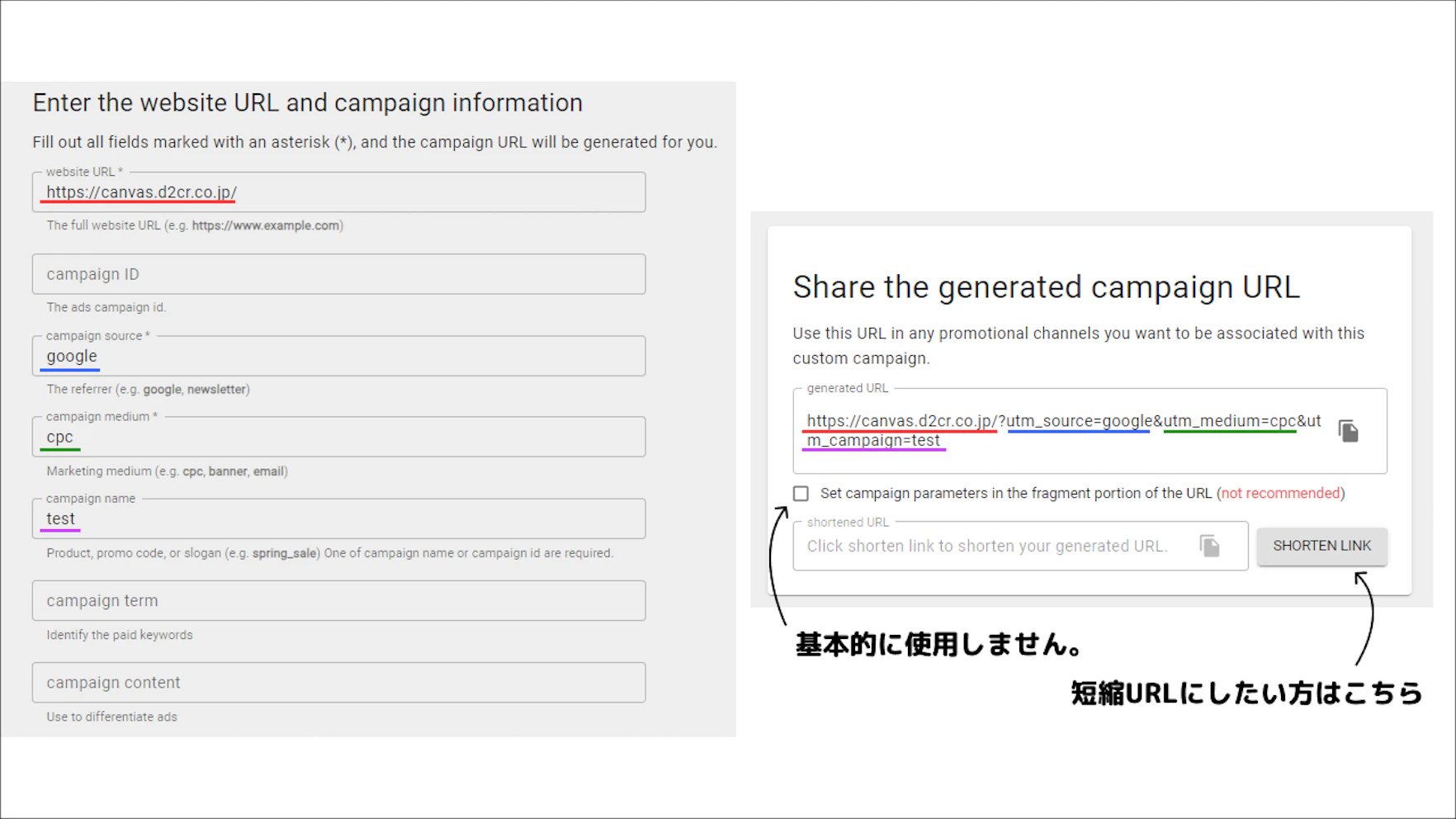 これまでの役割をと記述例を基に、必須事項であるURLや各パラメータを記載してみてください。