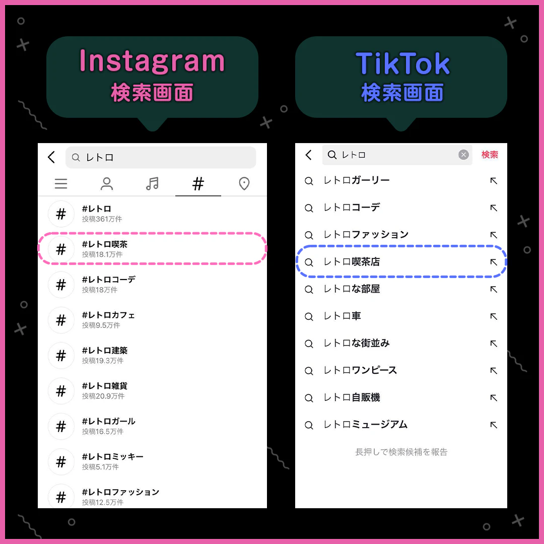 Instagram、TikTokの検索欄で「レトロ」と入力した結果