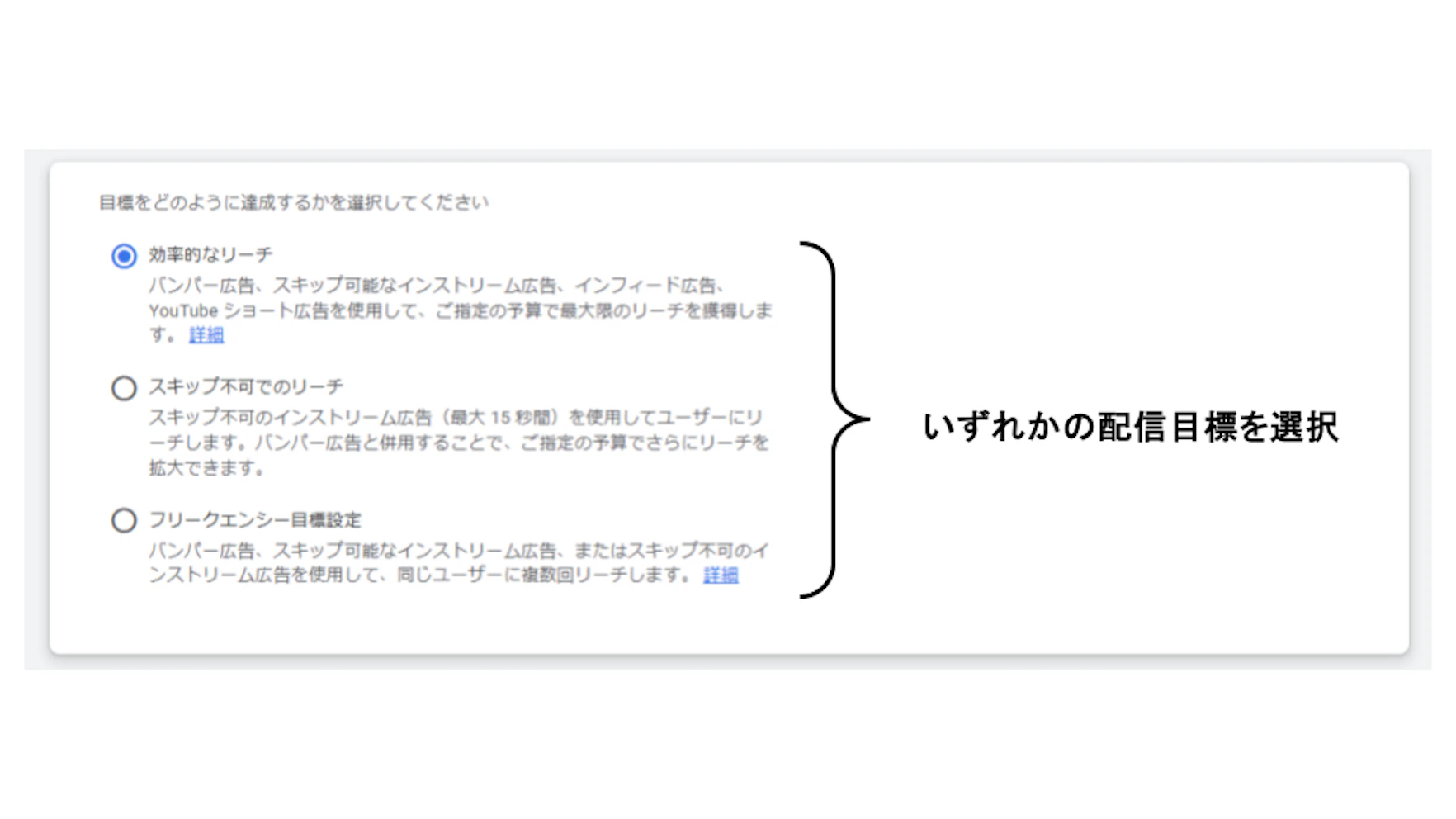 「ブランド認知度とリーチ」以外を選択すると、動画リーチキャンペーン（VRC2.0）が選択できなくなるため注意です。