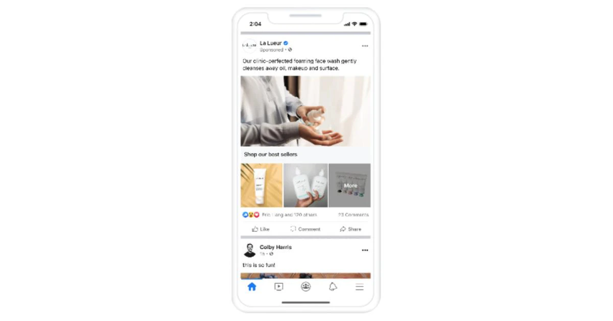 コレクション広告は、メインとなる大きな画像または動画と、その下に並べられた複数の小さな商品画像を組み合わせた、特にECサイトや複数商品を展開するブランドにとって効果的な広告フォーマットです。