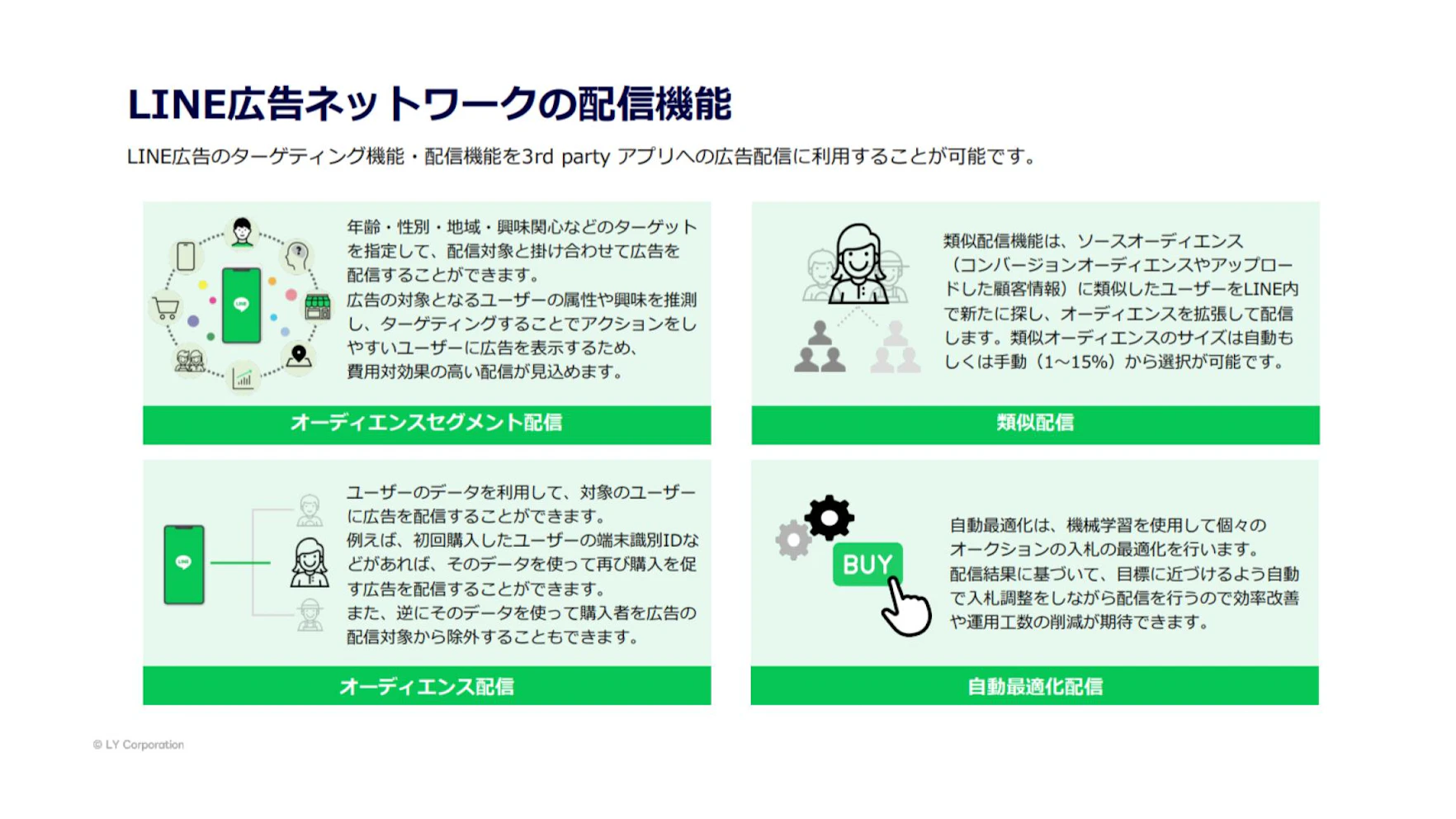 入札の最低単価1円〜出稿が可能で、LINE広告のターゲティング機能を活用しながら配信が出来ます。