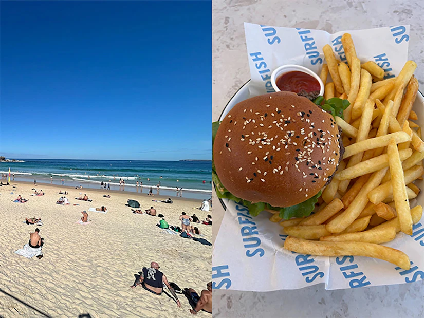 2枚の写真のコラージュ。1枚目がオーストラリアのビーチの写真。2枚目がハンバーガーとポテトの写真。