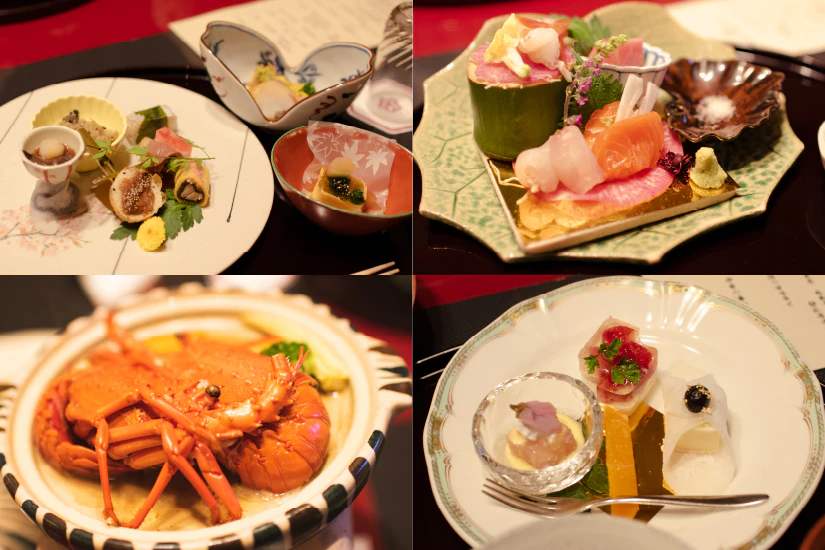 四季の湯 座敷武蔵野別館の夕食、海鮮料理が並んでいる