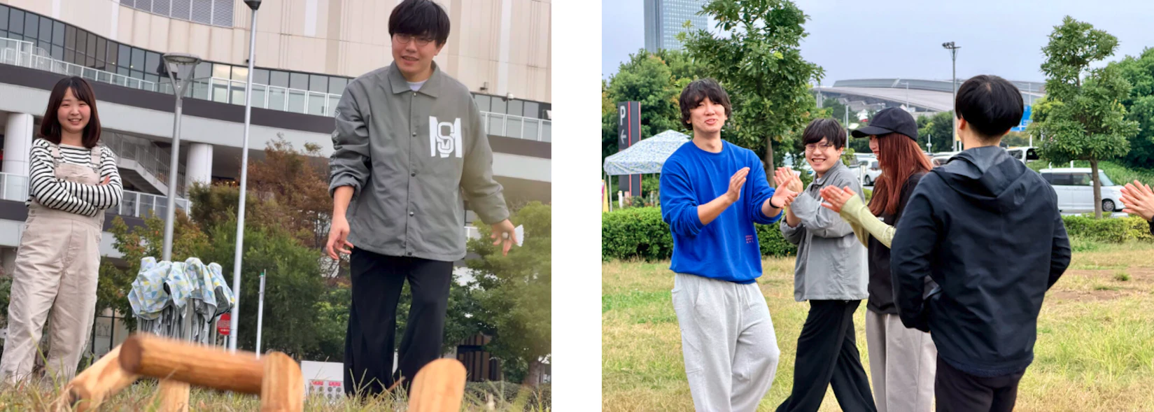 ボウリングのように木のピンを倒して得点を競うスポーツ、モルックで遊ぶみなさん