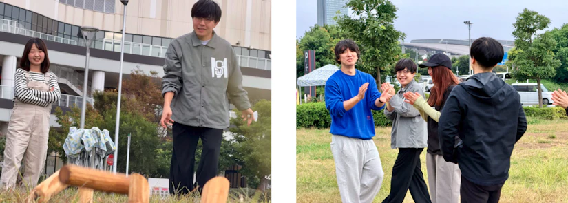 ボウリングのように木のピンを倒して得点を競うスポーツ、モルックで遊ぶみなさん