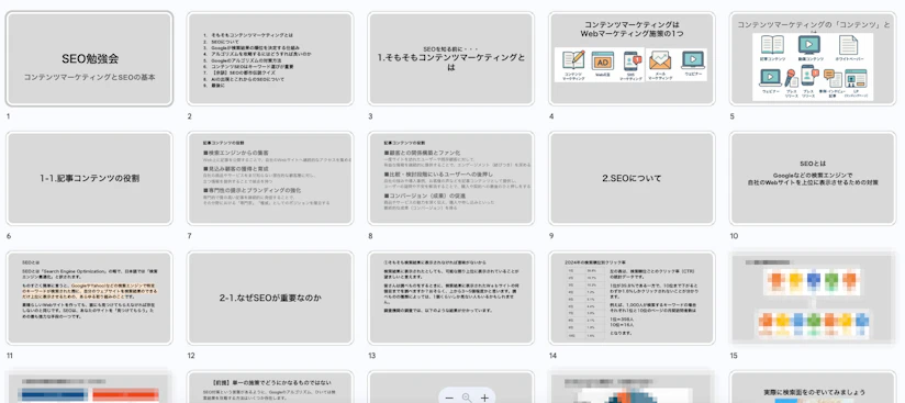 SEO勉強会のスライド一覧。