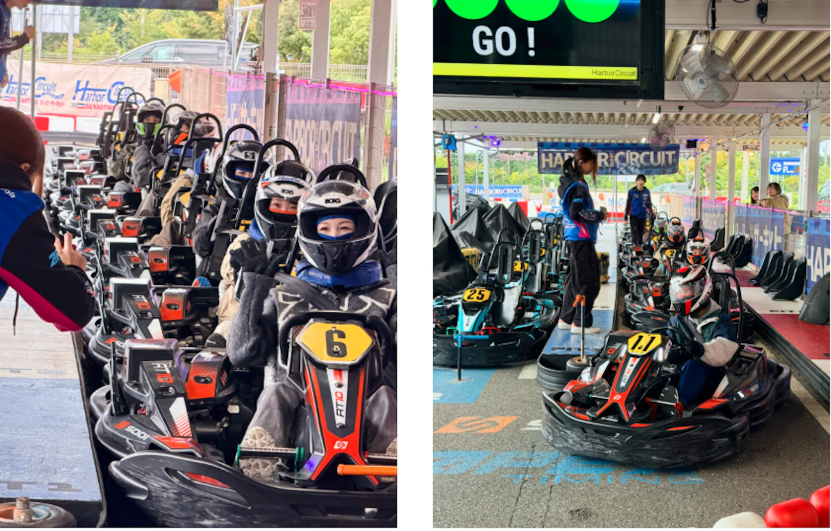 6人が縦一列にカートに乗り込み、順番にピットから出発