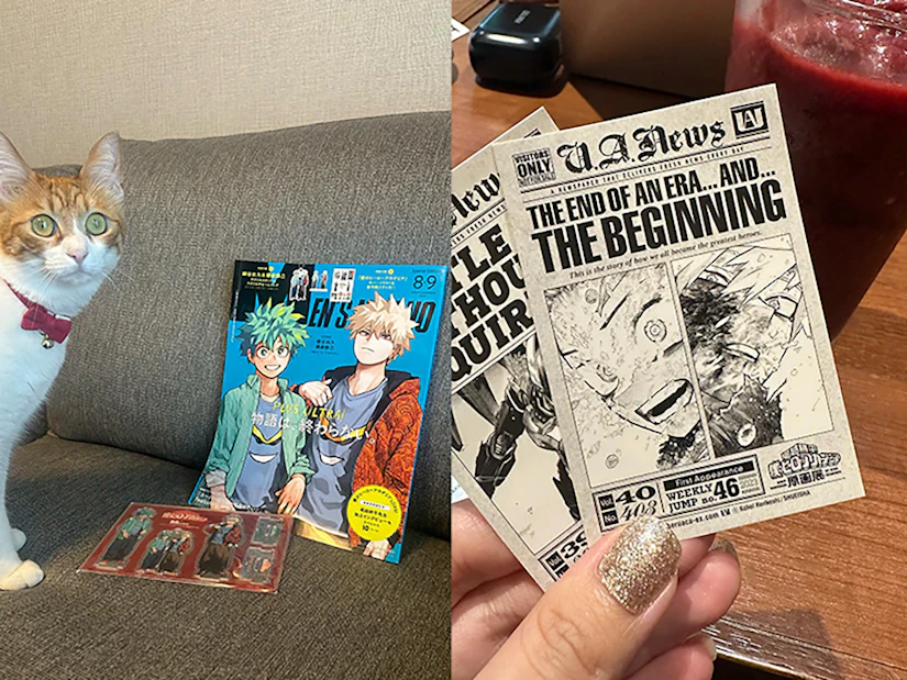 2枚の写真のコラージュ。1枚目はソファの上に社員の推しである漫画「僕のヒーローアカデミア」が表紙の雑誌とアクリルスタンドが置いてある写真。2枚目は「僕のヒーローアカデミア展」のチケット2枚を持っている写真。