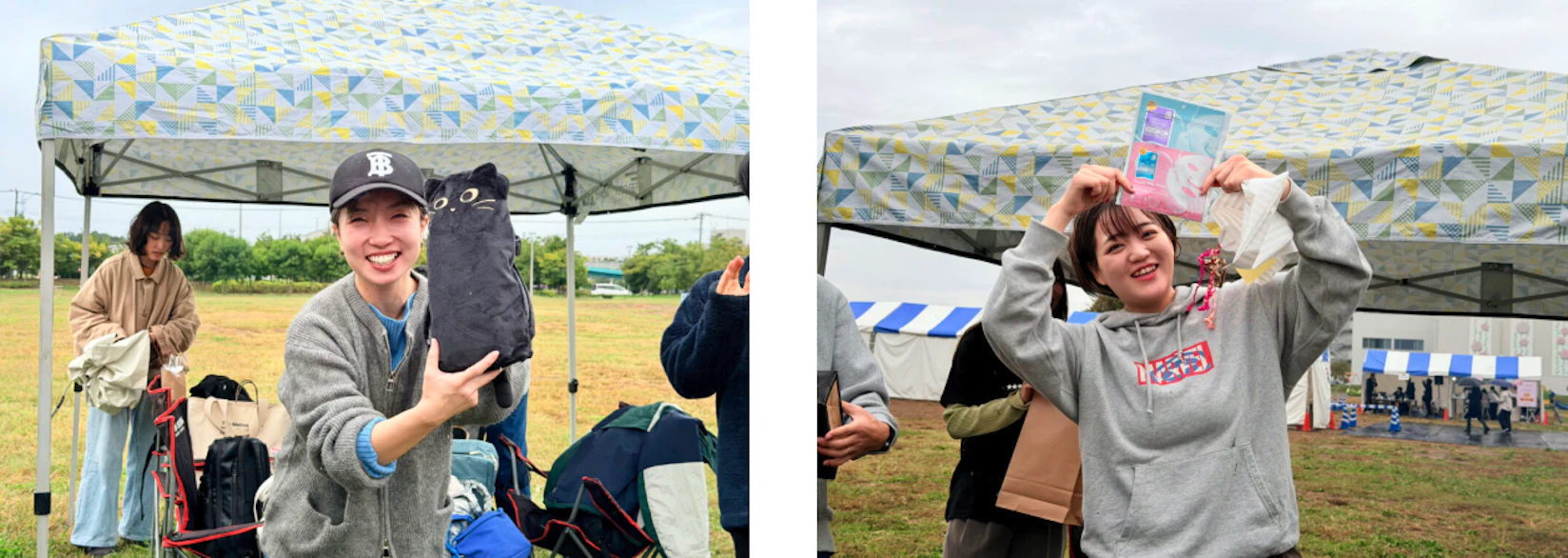 カートレースの景品を手に喜んでいるノベルティ社員の皆さん