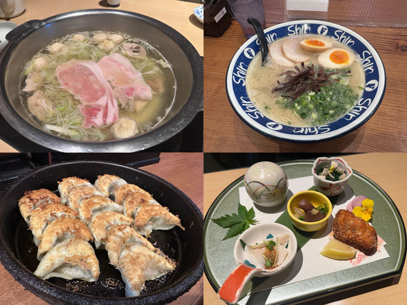 水炊き、とんこつラーメン、鉄鍋餃子などの写真がトリミングされている