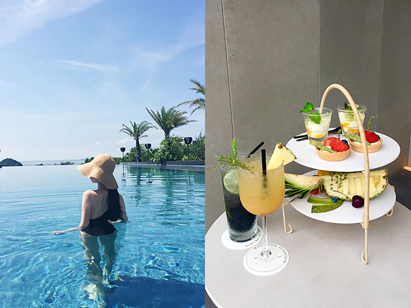 2枚の写真のコラージュ画像。プールに入ったノベルティ社員の後ろ姿の写真と、フルーツの飲み物の隣にフルーツや、タルトなどのデザートがケーキスタンドに乗っている写真。