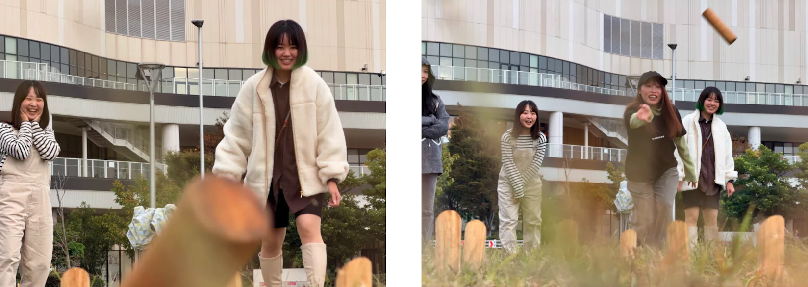 ボウリングのように木のピンを倒して得点を競うスポーツ、モルックで遊ぶみなさん